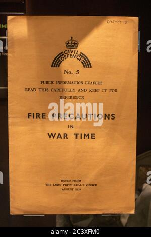 'Fire Precautions in War Time' public information leaflet on display in Bletchley Park, Bletchley, Buckinghamshire, UK. Stock Photo