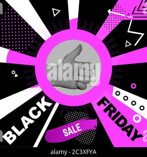 Thumbs up gesture. Hand Gesture OK on black sunny rays, memphis background. Geometry shapes on white background. Black Friday banner. Stock Vector