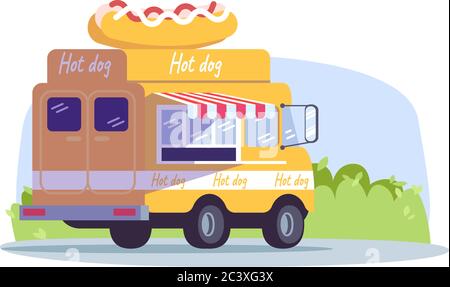 Hot dog truck semi flat vector illustration Stock Vector