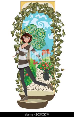 Cartoon girl stands near arch gate in the secret garden illustration. Stock Vector