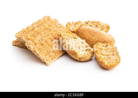 Rusk bread. Dried crispbread and knackebrot isolated on white background. Stock Photo