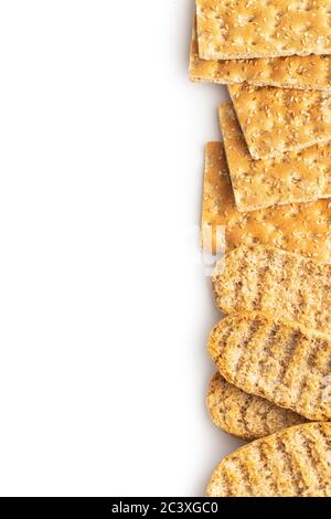 Rusk bread. Dried crispbread and knackebrot isolated on white background. Stock Photo