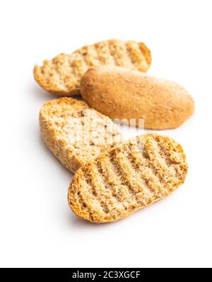 Rusk bread. Dried crispbread isolated on white background. Stock Photo