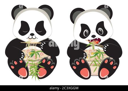 Cute cartoon panda bear eating tasty ramen, noodle soup with bamboo design. Stock Vector