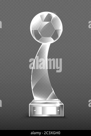 Glass trophy on silver base, transparent crystal winner award. Vector realistic blank clear acrylic prizes for achievement in soccer, first place in football isolated on transparent background Stock Vector