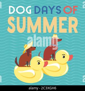 Dog days of Summer Time for adventure. Cute comic cartoon. Colorful humor retro style. Canine in sunglasses enjoy beach leisure relax. Summertime vaca Stock Vector