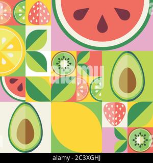 Abstract vintage pattern with flat style fruits and leaves. Stock Vector