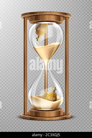 Sand hourglass in wooden frame with gravestones inside. Concept of short life. Vector realistic sand clock, glass timer with flowing grains and tombstones isolated on transparent background Stock Vector