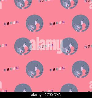Pink seamless vector pattern with sleeping cat. Stock Vector