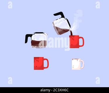 Caffeine addiction attributes semi flat RGB color vector illustrations set Stock Vector