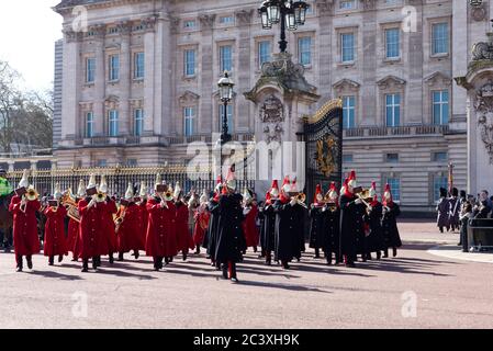 Changing of the guards,  buckingham palace,  blues and royals and lifeguards, marching bands Stock Photo