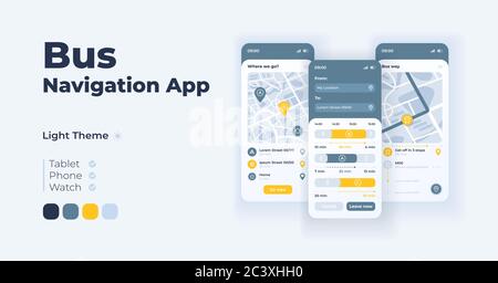 Bus navigation cartoon smartphone interface vector templates set Stock Vector
