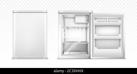 Small refrigerator with open and closed door. Vector realistic mockup of empty mini fridge for kitchen or restaurant. White cooler equipment in front view isolated on transparent background Stock Vector