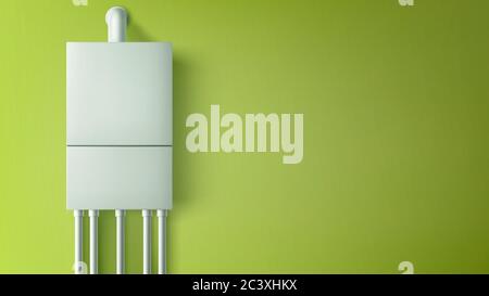 Boiler water heater with plastic tubes on green empty wall background. Home bathroom appliance for comfort life. Modern household central heating system equipment Realistic 3d vector illustration Stock Vector