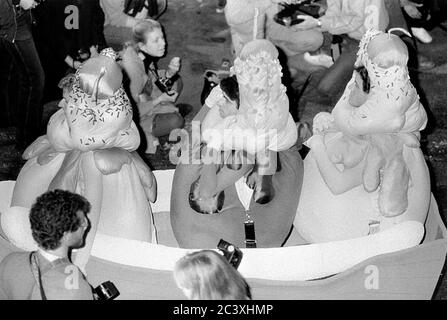 Men in Banana Split at the Greenwich Village Halloween Parade, New York City, USA in the 1980's  Photographed with Black & White film at night. Stock Photo