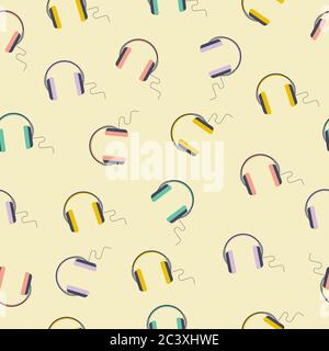Trendy vector seamless pattern with headphones on beige background. Musical equipment repeat backdrop. Wallpaper design Stock Vector