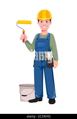 Painter cartoon character holding paint roller. Young construction worker in hard hat. Vector illustration on white background Stock Vector