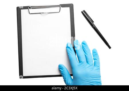 Hand with blue glove and clip for papers on white background. Isolate Stock Photo