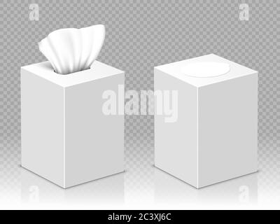 Box with white paper napkins. Vector realistic mockup of blank open and closed cardboard package with facial tissues or handkerchiefs isolated on transparent background Stock Vector