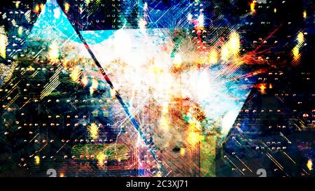 Abstract Circuit Board with Falling Sparks and Triangles - Abstract Background Texture Stock Photo