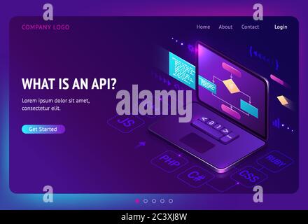 Api application programming interface isometric landing page, software development tool, information technology, programming languages on laptop screen, digital AI tech concept, 3d vector web banner Stock Vector