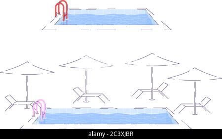 Swimming pool semi flat RGB color vector illustrations set Stock Vector