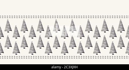 Hand drawn stylized Christmas tree border pattern. Geometric abstract fir forest on ecru white background. Cute winter holiday banner ribbon. Festive Stock Vector