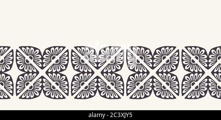 Hand drawn floral mosaic tile shapes border. Repeating geo flower background. Monochrome surface design textile banner edging. Modern daisy black Stock Vector