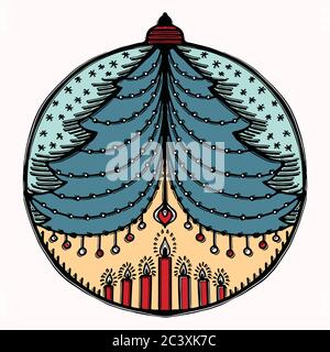 Hand drawn Christmas bauble ornament motif. Isolated festive ball tree design element. Cute winter holidays clip art icon. Festive retro fir vector Stock Vector