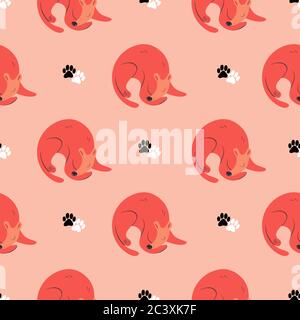 Pink pattern with sleepy dog and paws. Stock Vector