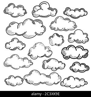 Hand draw the weather collection. Flat style vector illustration. Clouds doodle set. Outline stylized cloudscape in the sky. Stock Vector