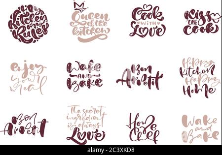 Hand written vector cooking lettering set on white background. Calligraphy hand drawn quotes kitchen text. Design concept for cooking classes, courses Stock Vector