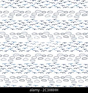 Cute seagull in the clouds stripe silhouette cartoon seamless vector pattern. Hand drawn ocean life tile. All over print for birdwatching blog Stock Vector