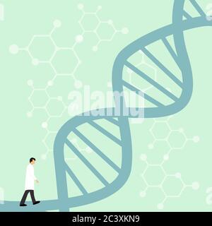 Scientist walking by DNA helix on blue scientific backdrop Stock Vector