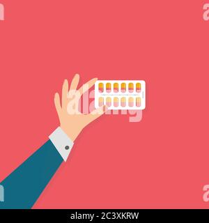 Man holding blister pack of pills in his hand Stock Vector