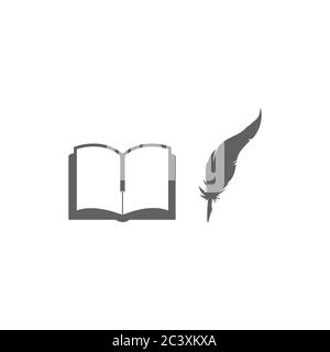 old book with ink and quill. Old vintage open book and ink pen flat vector. Isolated illustration. Stock Vector