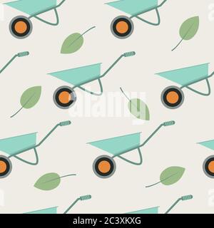 Wheelbarrows and green leaves on light background, vector seamless pattern. Gardening tools repeat backdrop Stock Vector