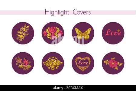 3D realistic embroidery texture social media cover. Highlights stories flower rose butterfly heart template. Summer fashion decoration theme concept Stock Vector
