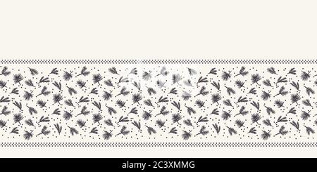 Hand drawn abstract Christmas foliage border pattern. Tiny tossed fir tree branch on white background. Cute winter holiday ribbon banner. Festive gift Stock Vector