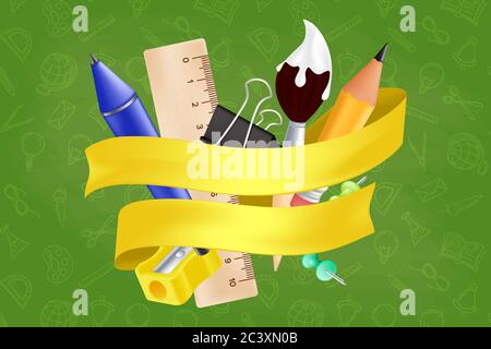 Welcome back to school - objects set with pencil, ruler, pen, sharpener, push pin, paper clip, paintbrush. Vector illustration with realistic educatio Stock Vector