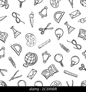 Welcome back to school seamless pattern with stationery objects. Vector illustration with black outline educational items isolated on white background Stock Vector