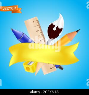 Welcome back to school - objects set with pencil, ruler, pen, sharpener, paintbrush. Vector illustration with realistic educational items and yellow r Stock Vector