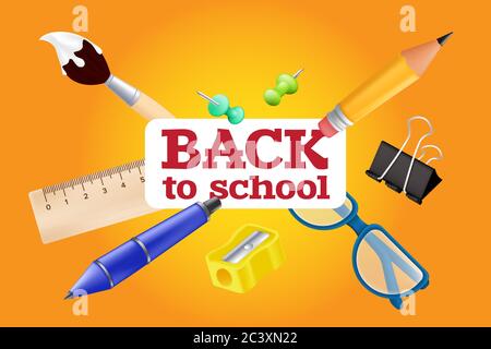 Welcome back to school - objects set with pencil, ruler, pen, sharpener, push pin, paper clip, glasses, paintbrush. Vector illustration with realistic Stock Vector