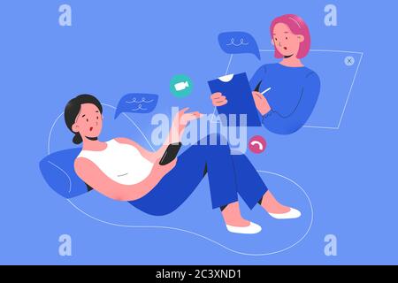 Online psychologist consulting a woman patient via smartphone app video call, psychotheraphy service, online psychological help service, therapy Stock Vector