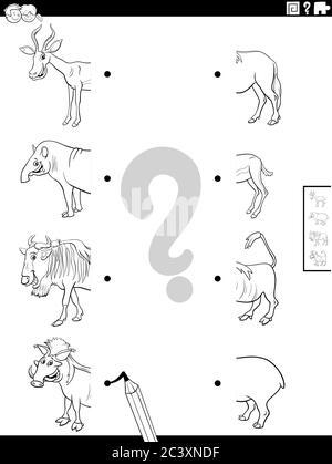 Black and White Cartoon Illustration of Educational Task of Matching Halves of Pictures with Wild Animal Characters Coloring Book Page Stock Vector