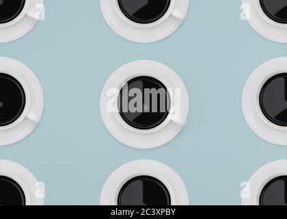 Black coffee Seamless photo pattern in top view Cups of black coffee on a blue background Stock Photo