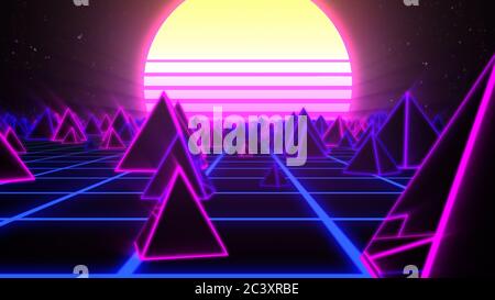 Retro Pyramids on 80s Synthwave Neon Landscape with Glowing Sun - Abstract Background Texture Stock Photo