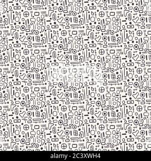Geometric shapes eamless vector pattern. Repeating hand drawn tiny cirlces, squares background. Monochrome surface design textile swatch. Modern black Stock Vector