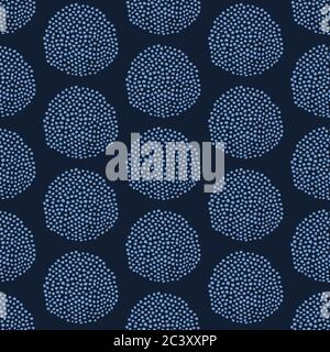 Indigo blue hand drawn seed circle pattern. Repeating abstract spotty background. Organic irregular textured polka dots. Minimalist dyed surface Stock Vector