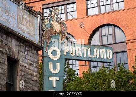 Store sign in the Skidmore District of Portland, Oregon, USA Stock Photo